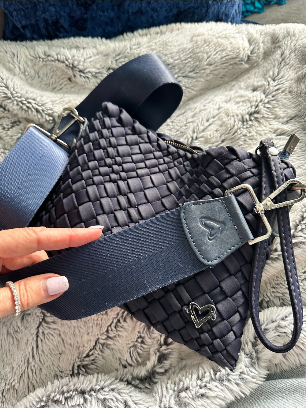 Hand-Woven Navy Crossbody Wristlet with Wide Strap